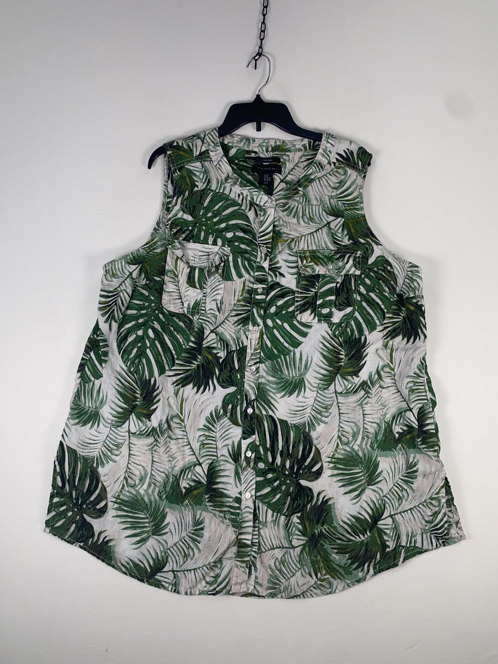 Tahari Blouse Womens 3X Green Linen Tropical Leaf Sleeveless Button Tunic Top